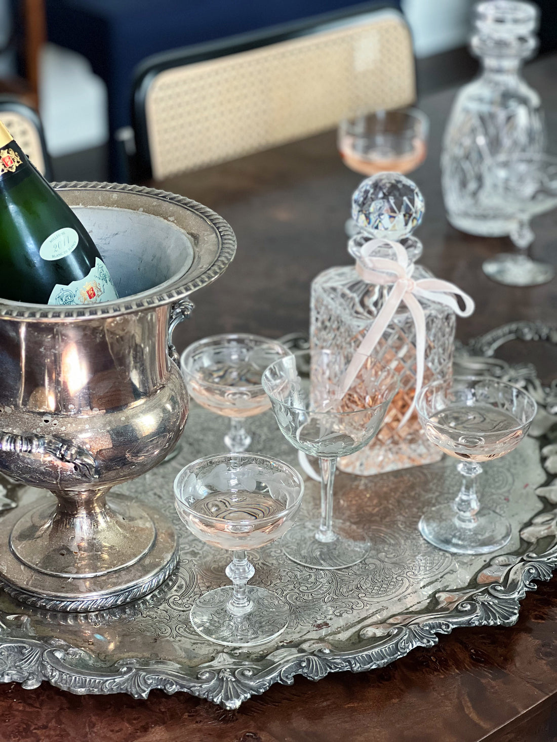 vintage Champagne glasses, coupes, vintage champagne bucket