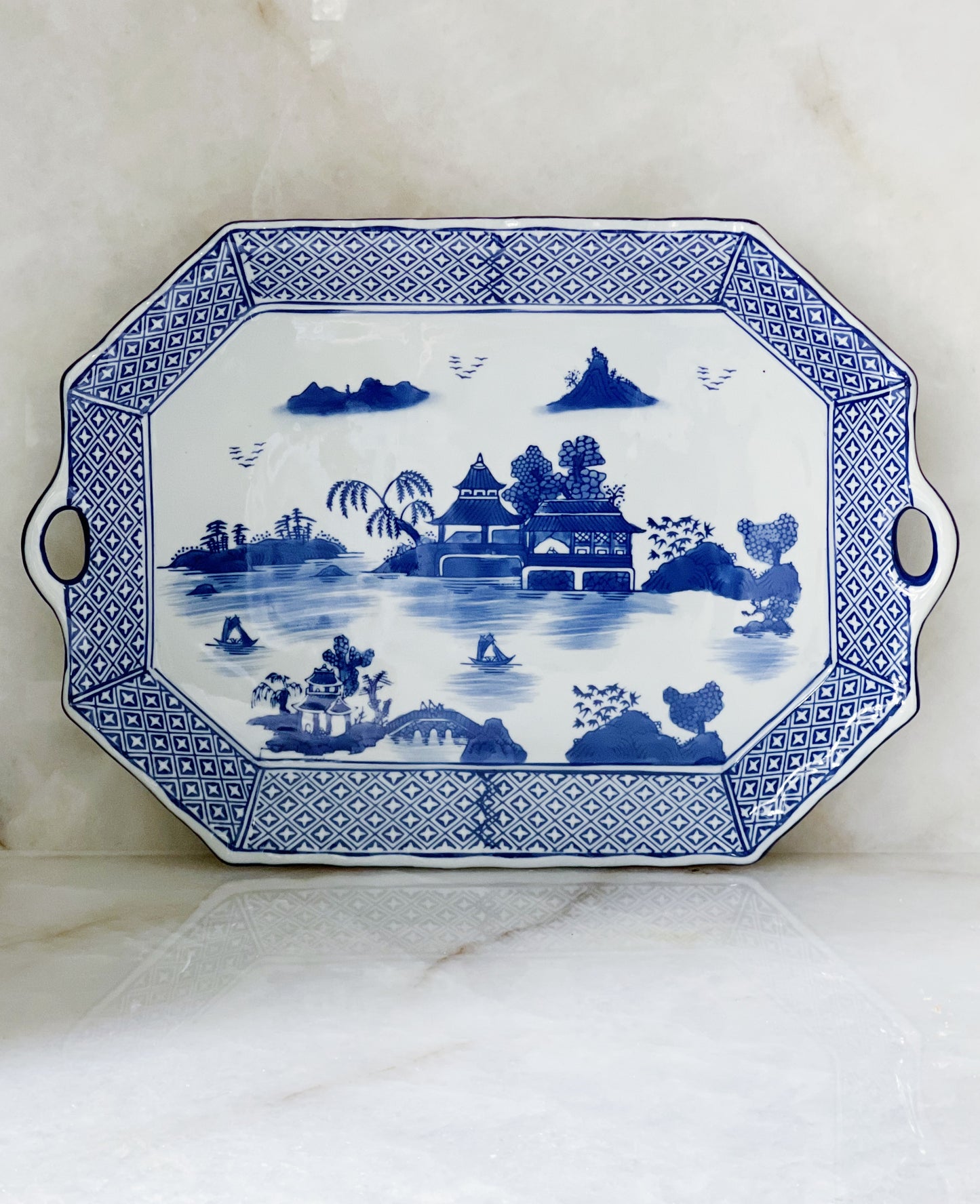 Willow ware blue and white tray