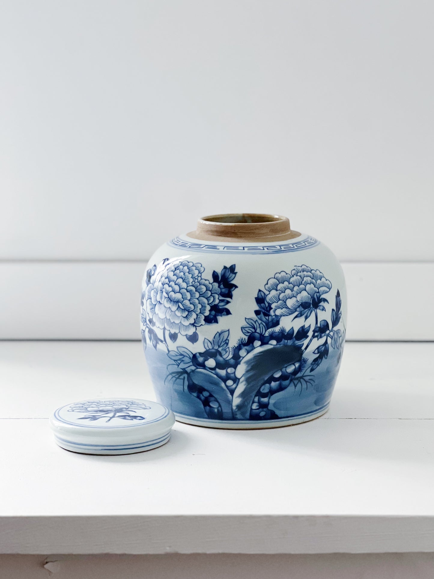 blue and white peony ginger jar