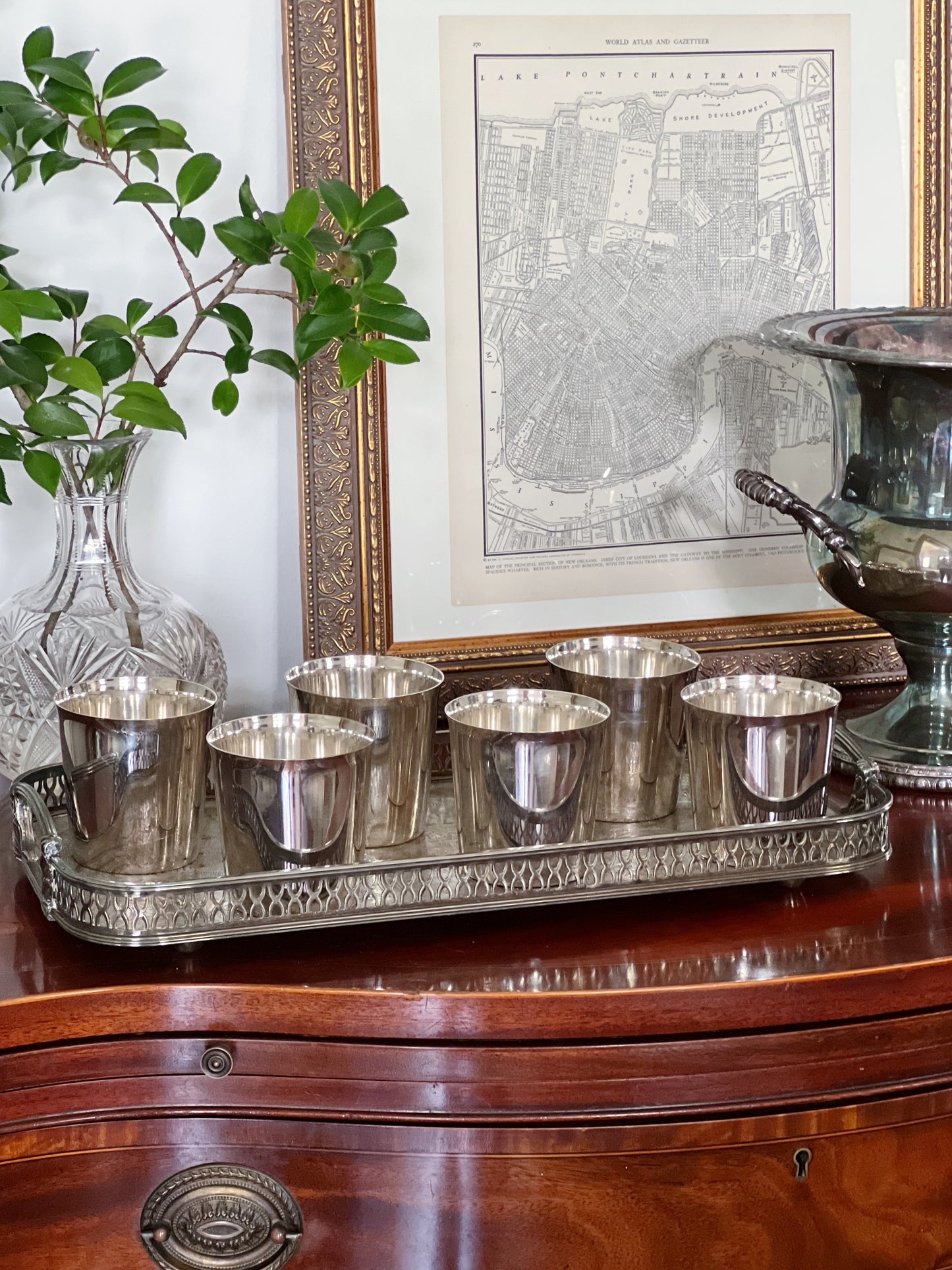 set of 6 vintage silver mint julep cups on silver tray on wooden dresser
