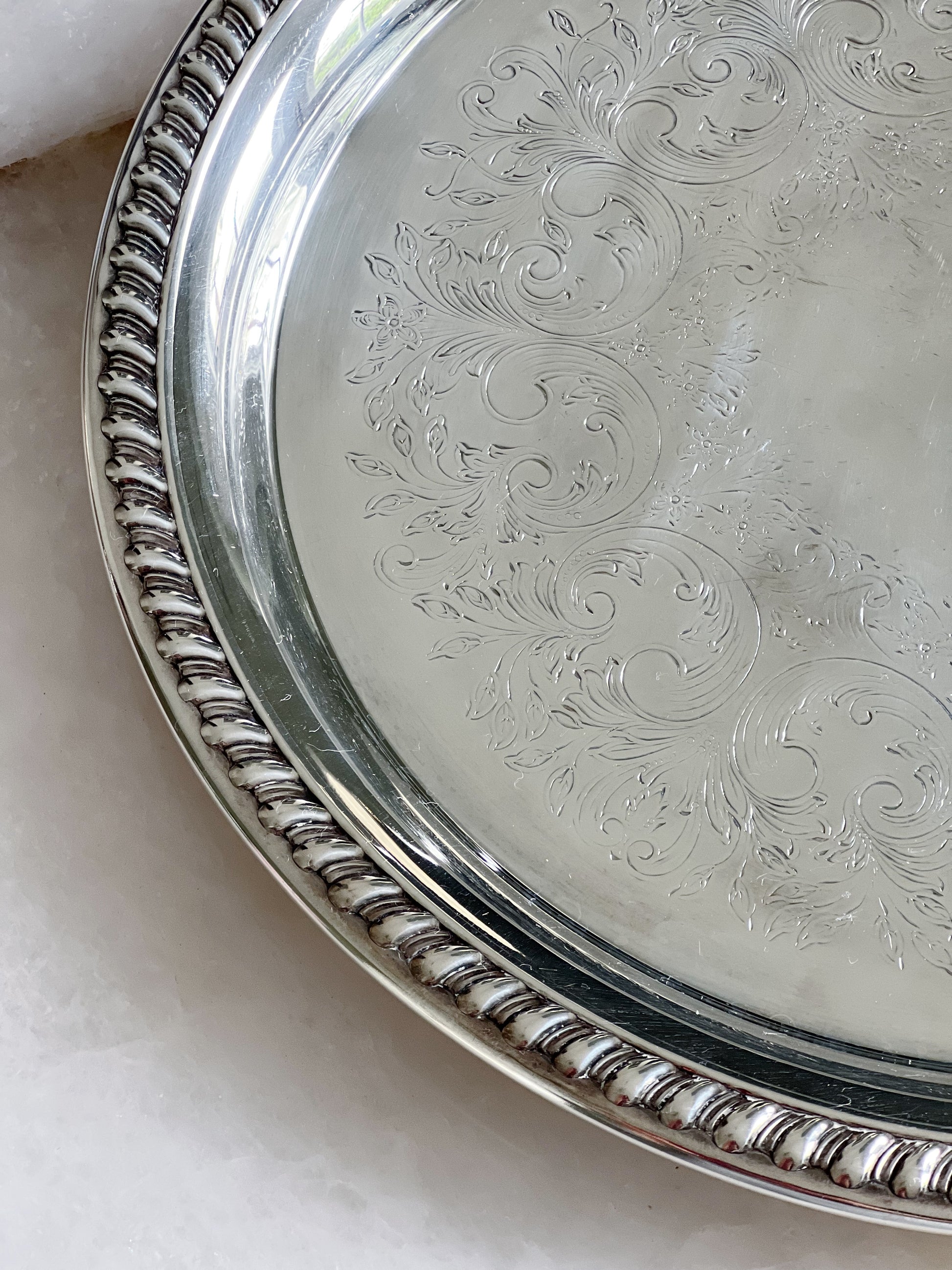 Vintage etched silver serving trays headed