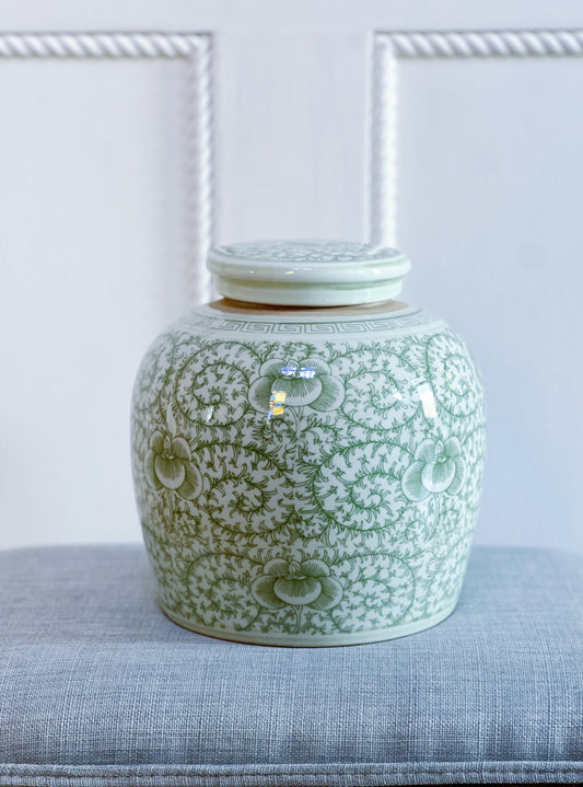 Scrolling Peony Green & White Ginger Jar