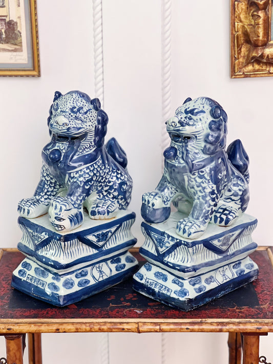 Hand painted blue and white large foo dogs 