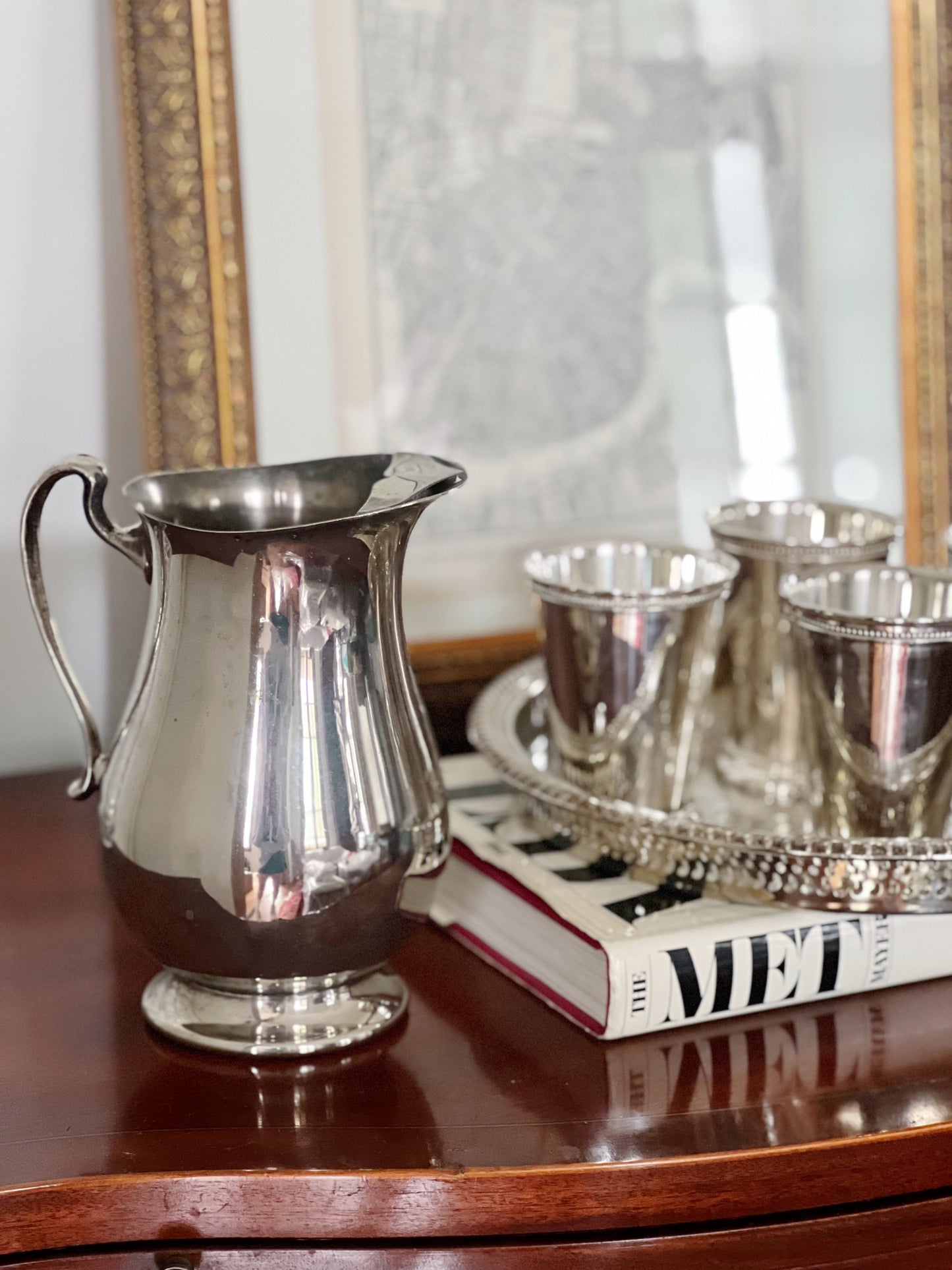 Vintage mint julep cups and vintage silver pitcher