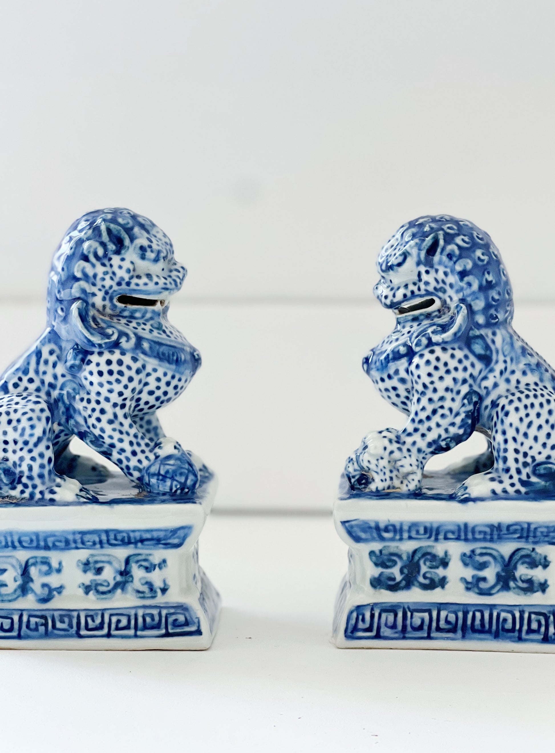 close up of a set of blue and white foo dogs