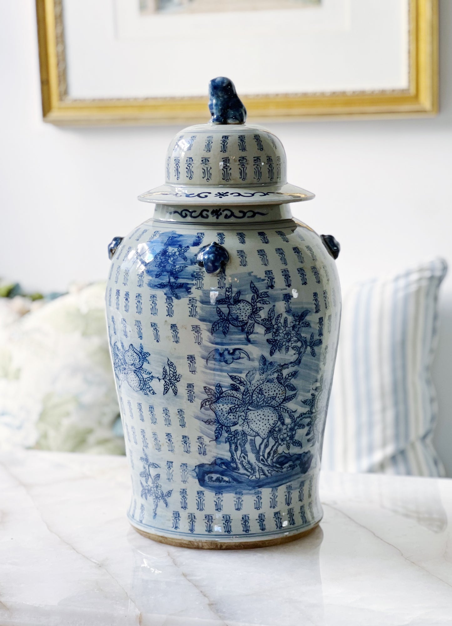 Blue and white hand painted temple jar with foo dog lid