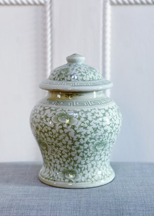 Green & White Scrolling Peony Temple Jar