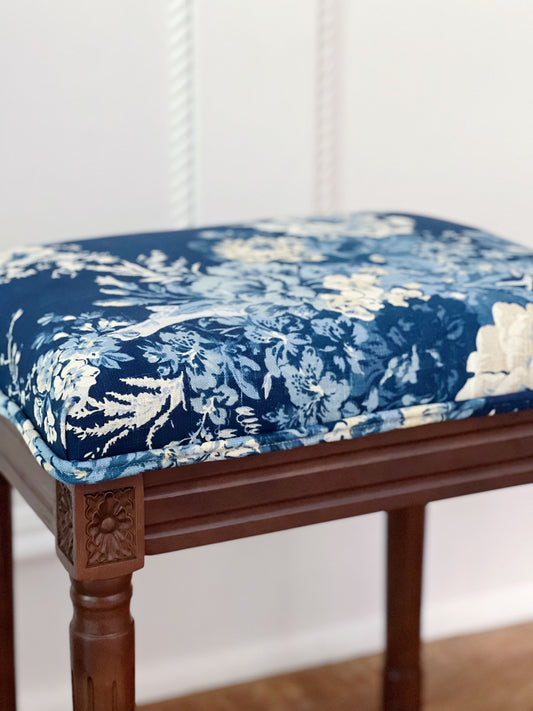 Custom designer navy floral vanity stool vintage furniture 