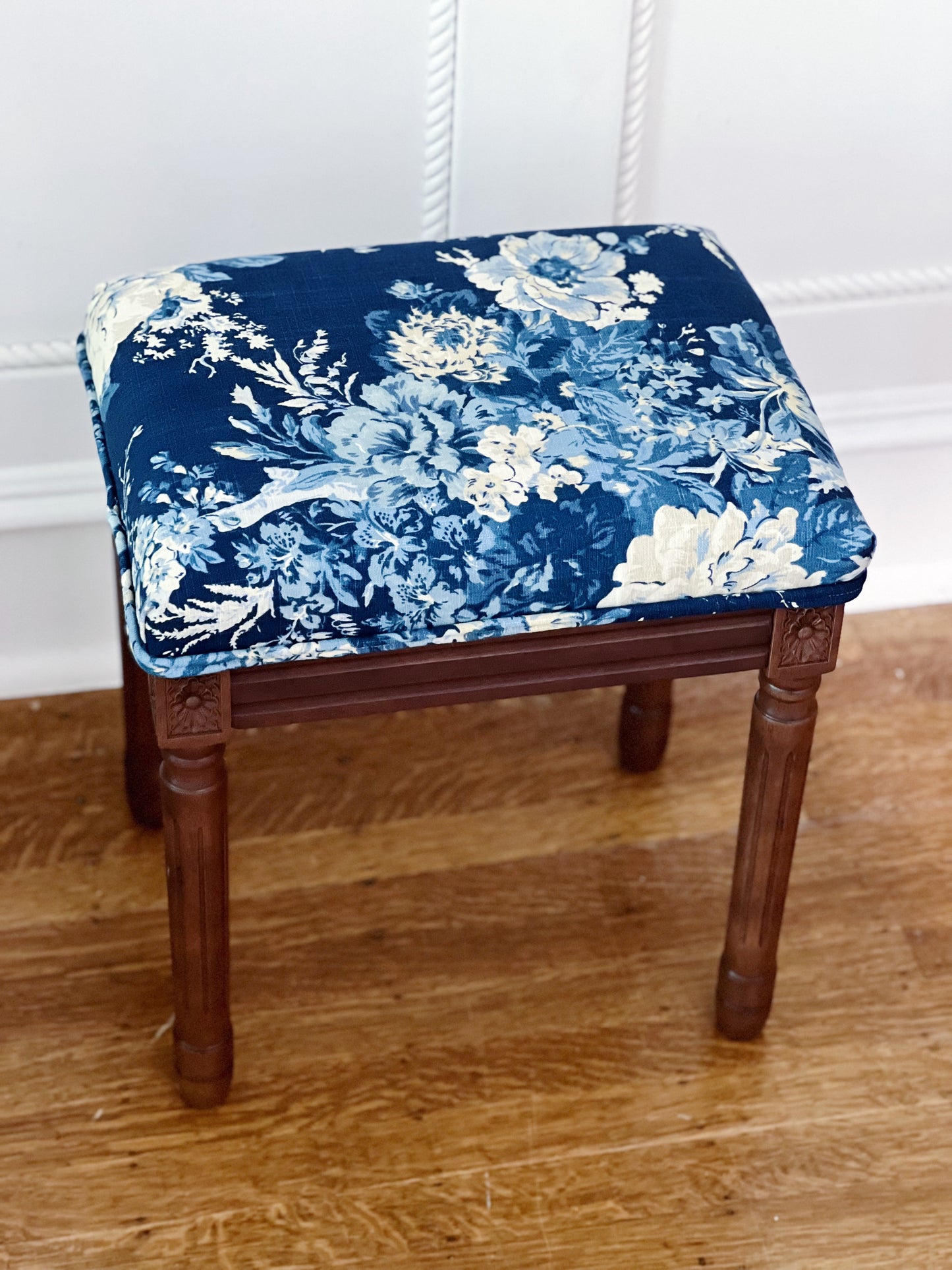 Custom designer navy floral vanity stool vintage furniture 