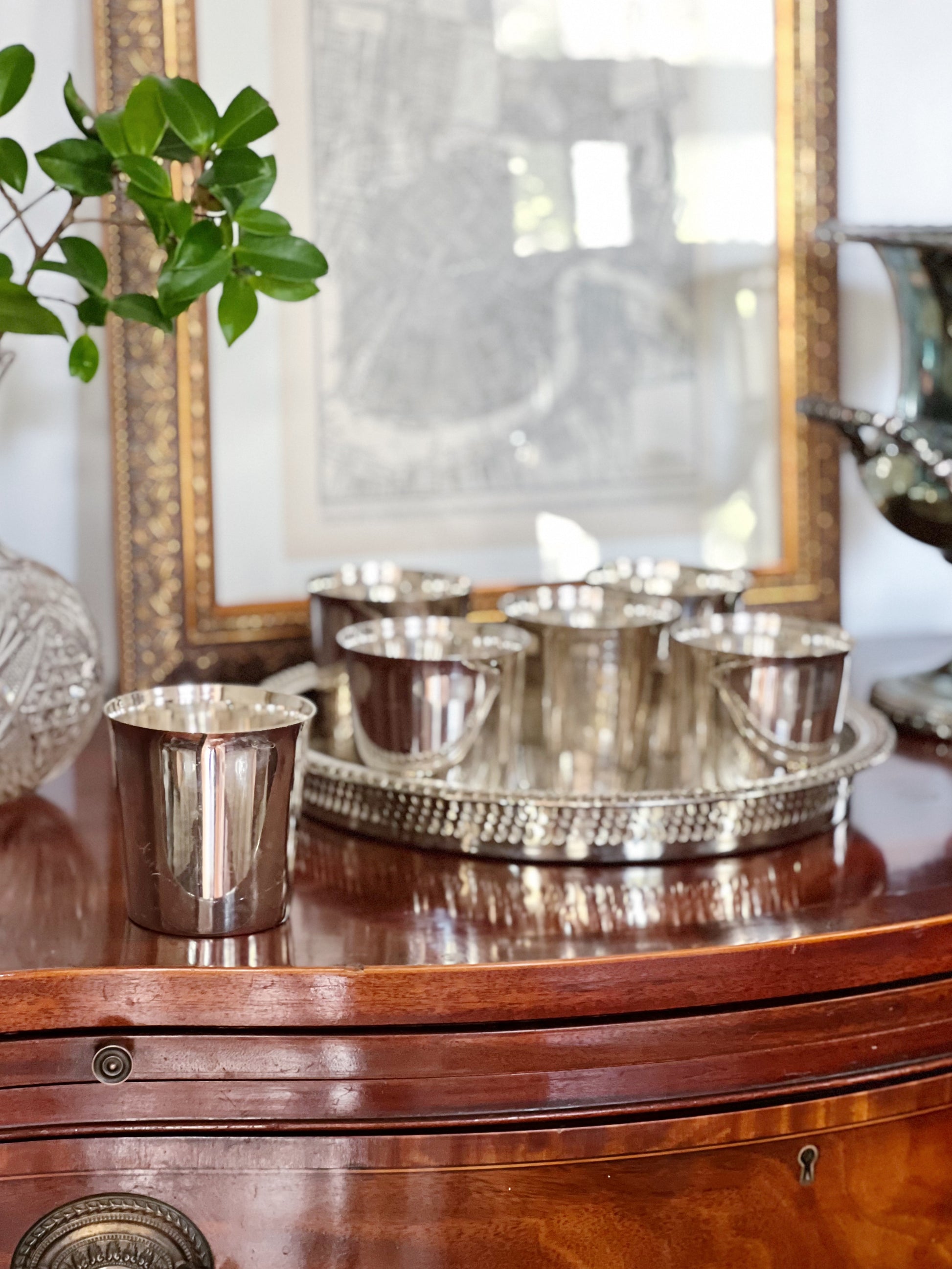 set of 6 vintage silver mint julep cups on silver tray on wooden dresser