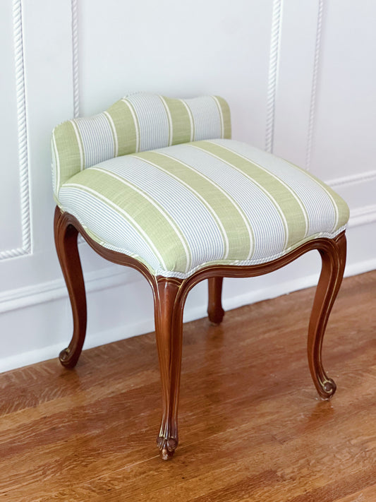 Ritz Carlton New Orleans vintage furniture vanity stool covered in Kravet Barbour Stripe in pear