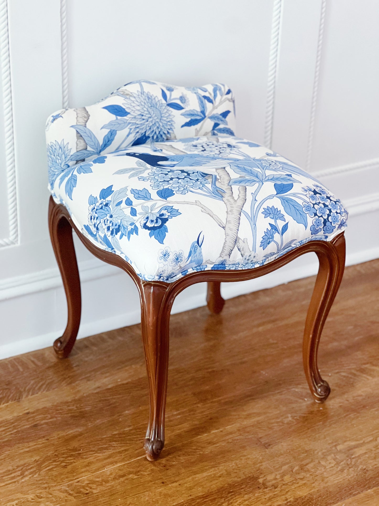 Ritz Carlton New Orleans vintage furniture vanity stool covered in GP & J Baker in Hydrangea Blue and matching custom pillow