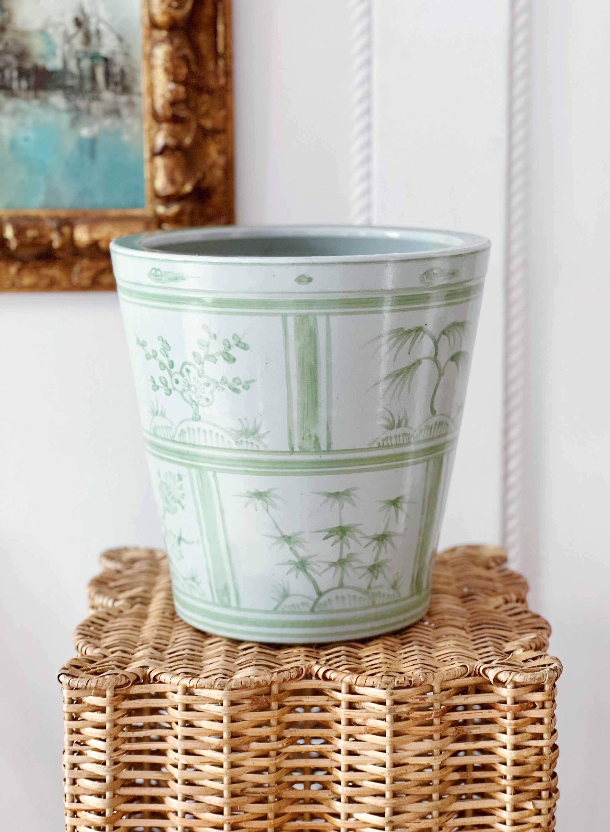 green and white hand painted planter