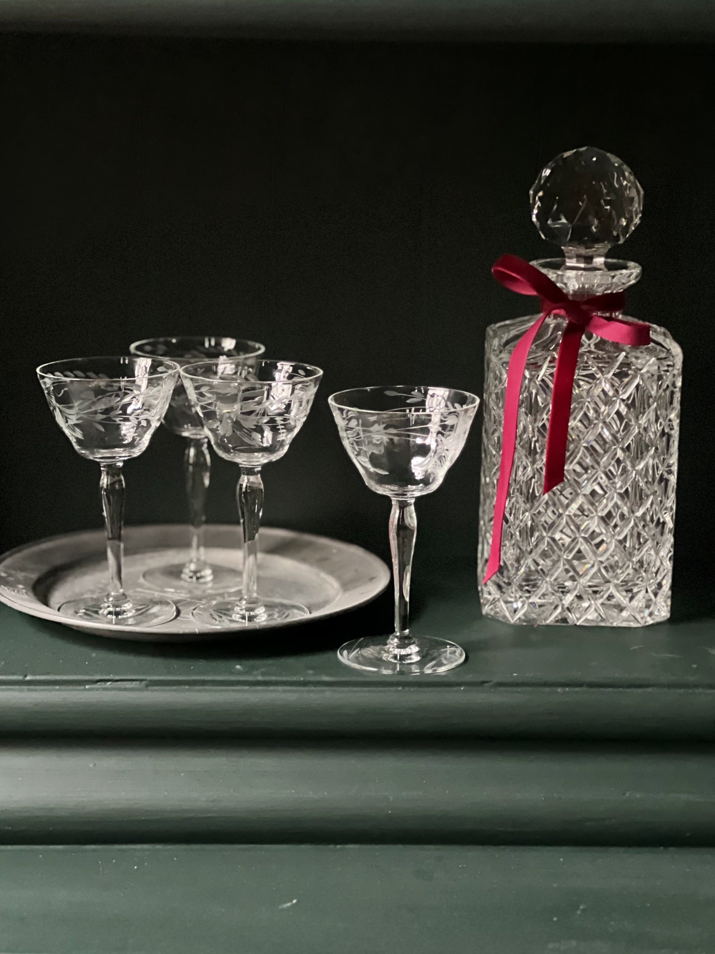 vintage etched cordial glasses and vintage crystal decanter