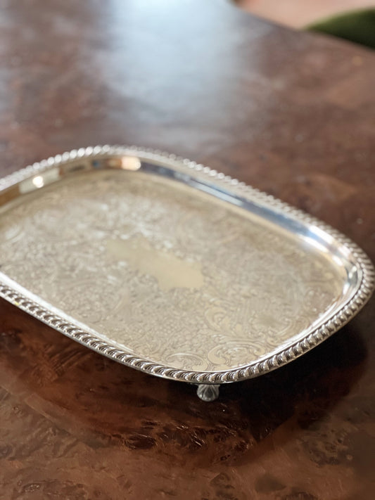 footed vintage silver serving tray 