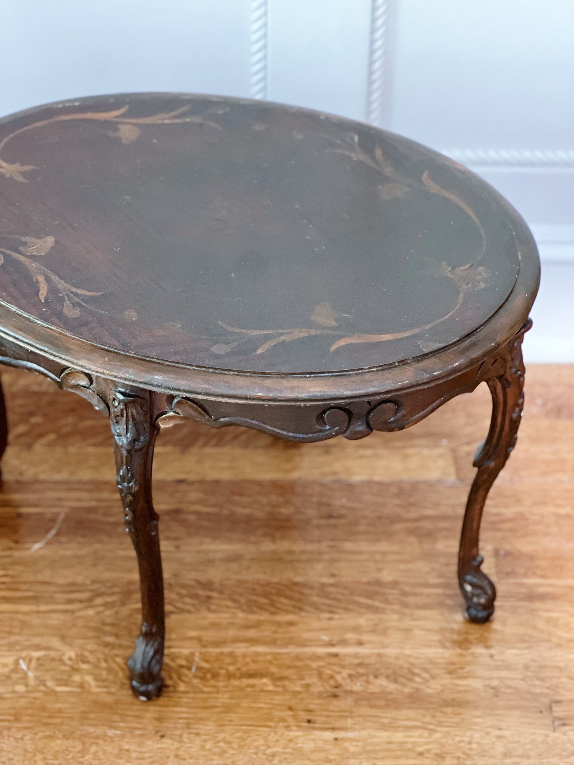 antique wooden side table with wood inlay 