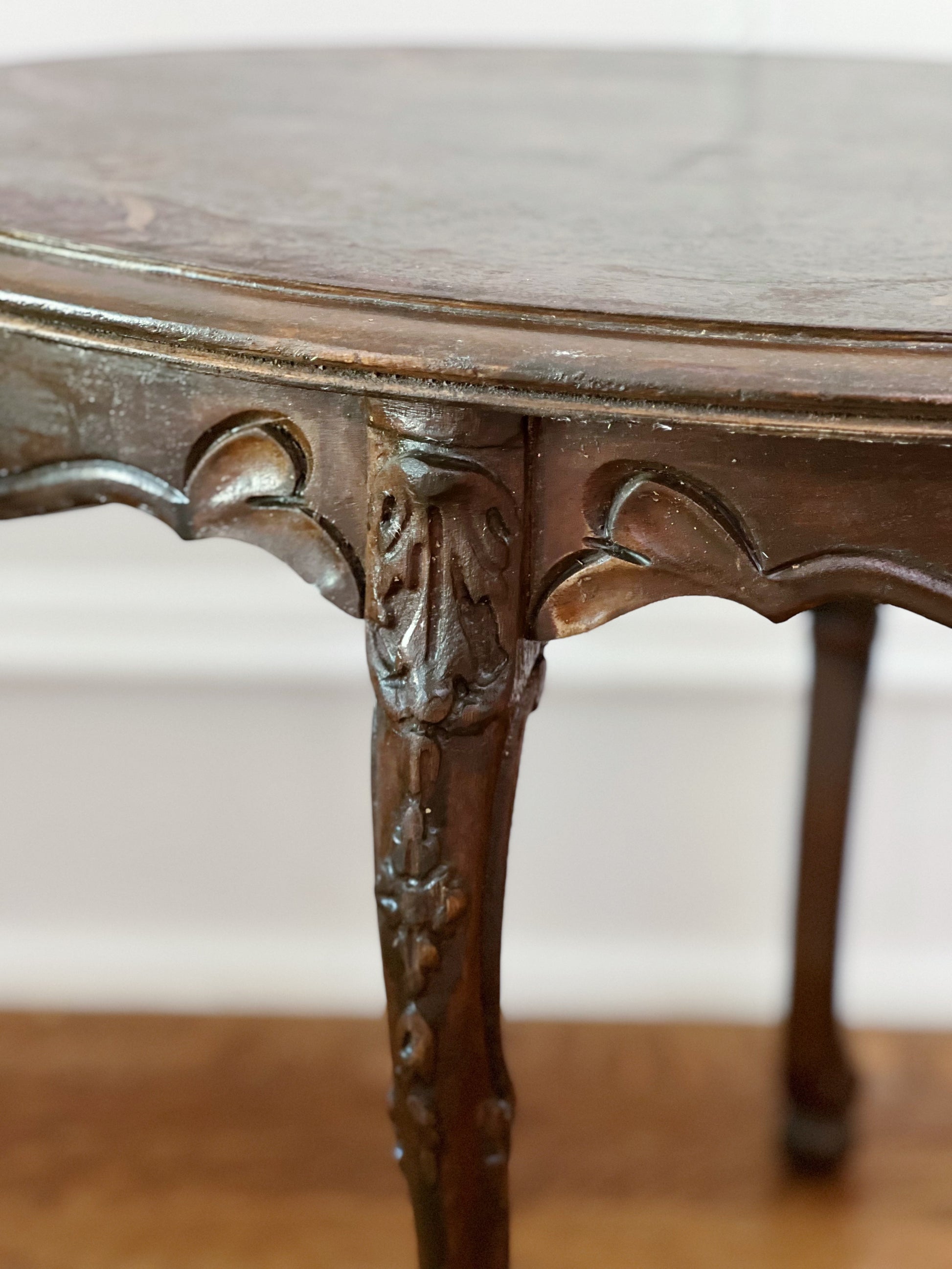 antique wooden side table with wood inlay 