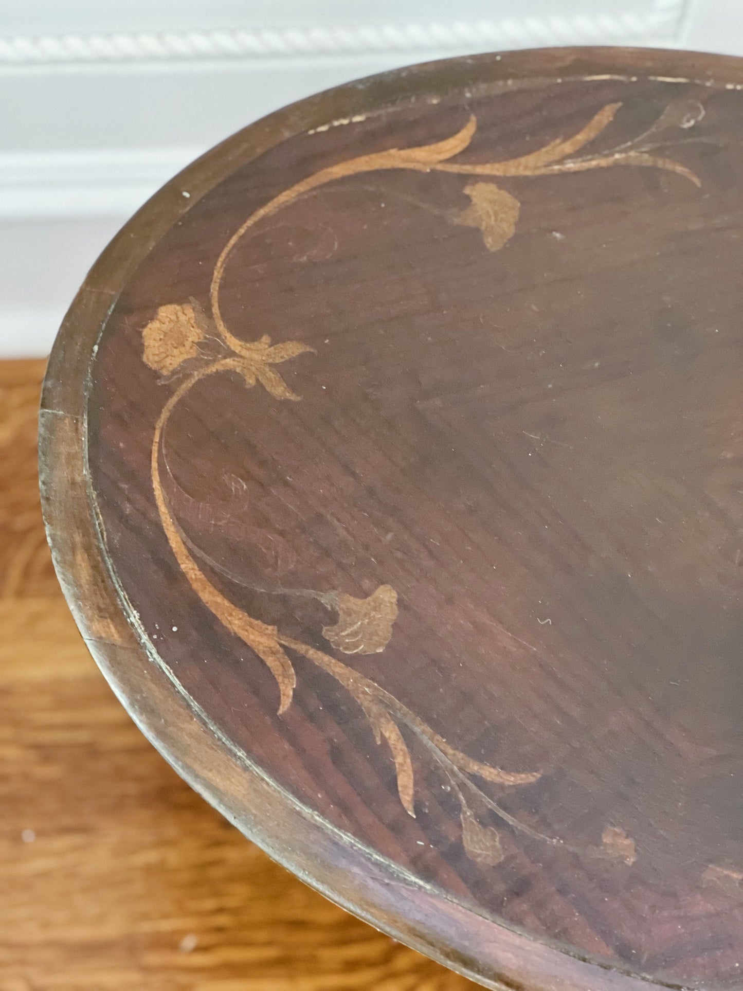 antique wooden side table with wood inlay 