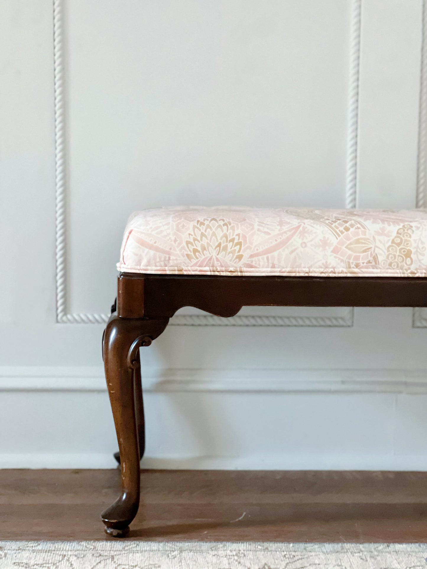 vintage Queen Anne bench reupholstered in Schumacher cap ferret fabric