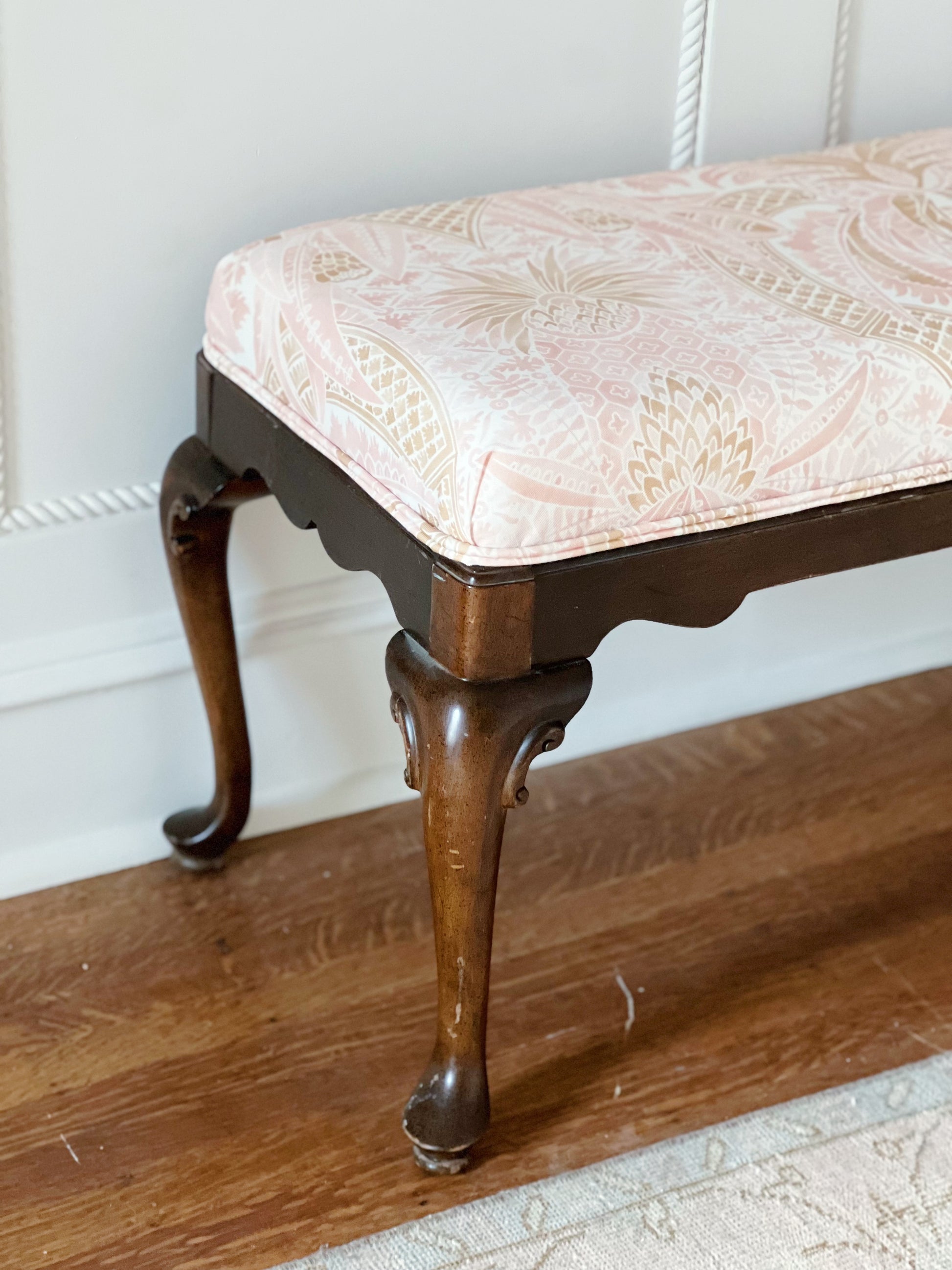 vintage Queen Anne bench reupholstered in Schumacher cap ferret fabric