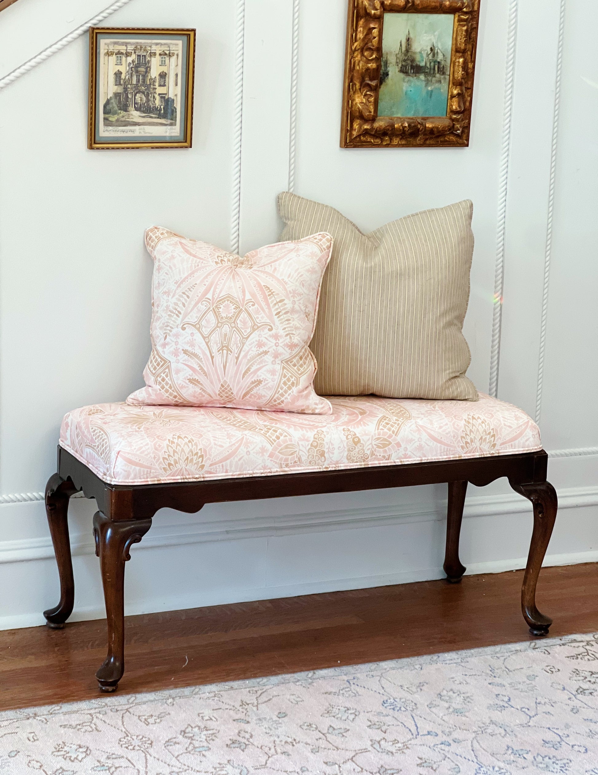 vintage Queen Anne bench reupholstered in Schumacher cap ferret fabric