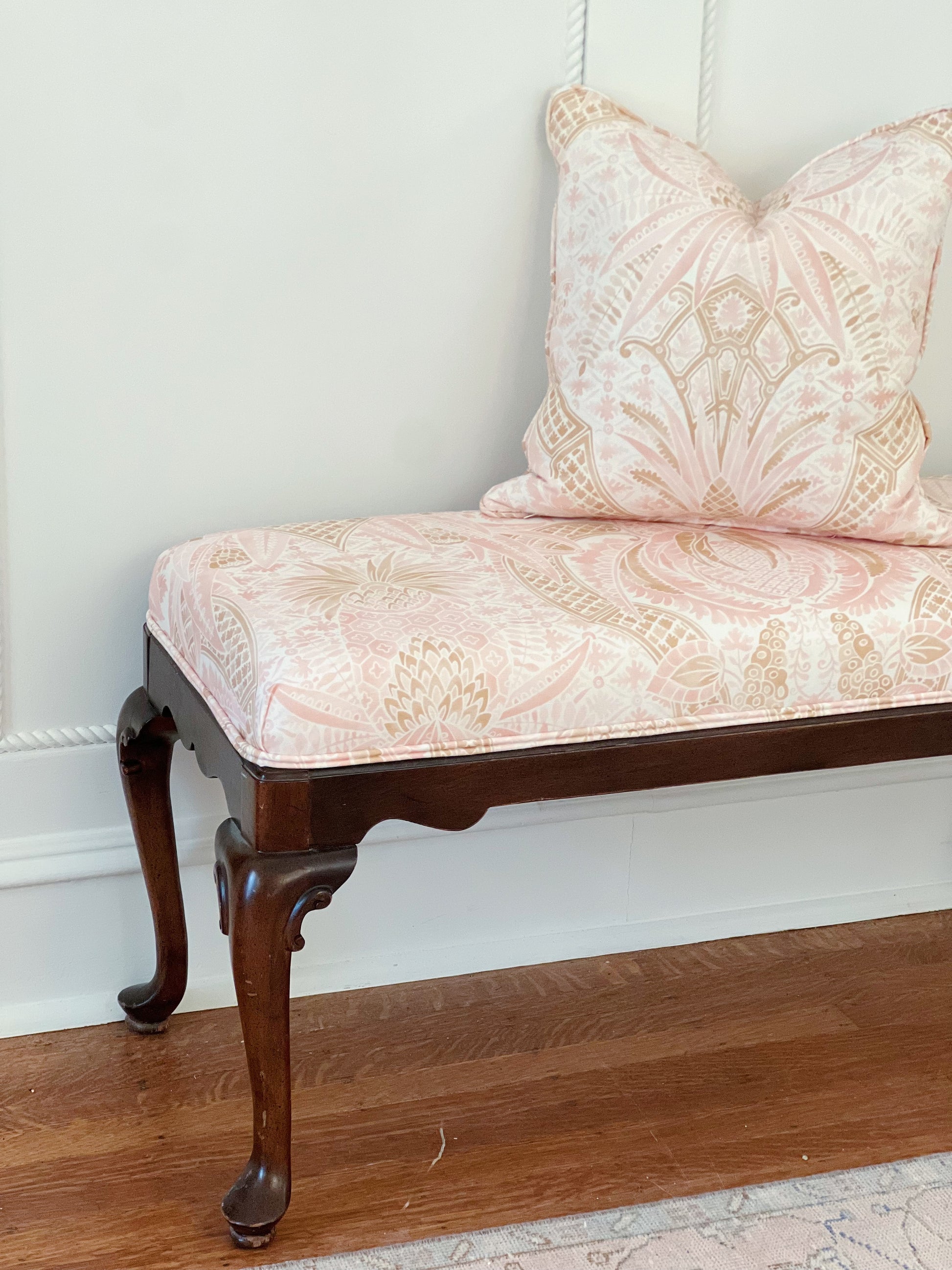 vintage Queen Anne bench reupholstered in Schumacher cap ferret fabric with custom pillows