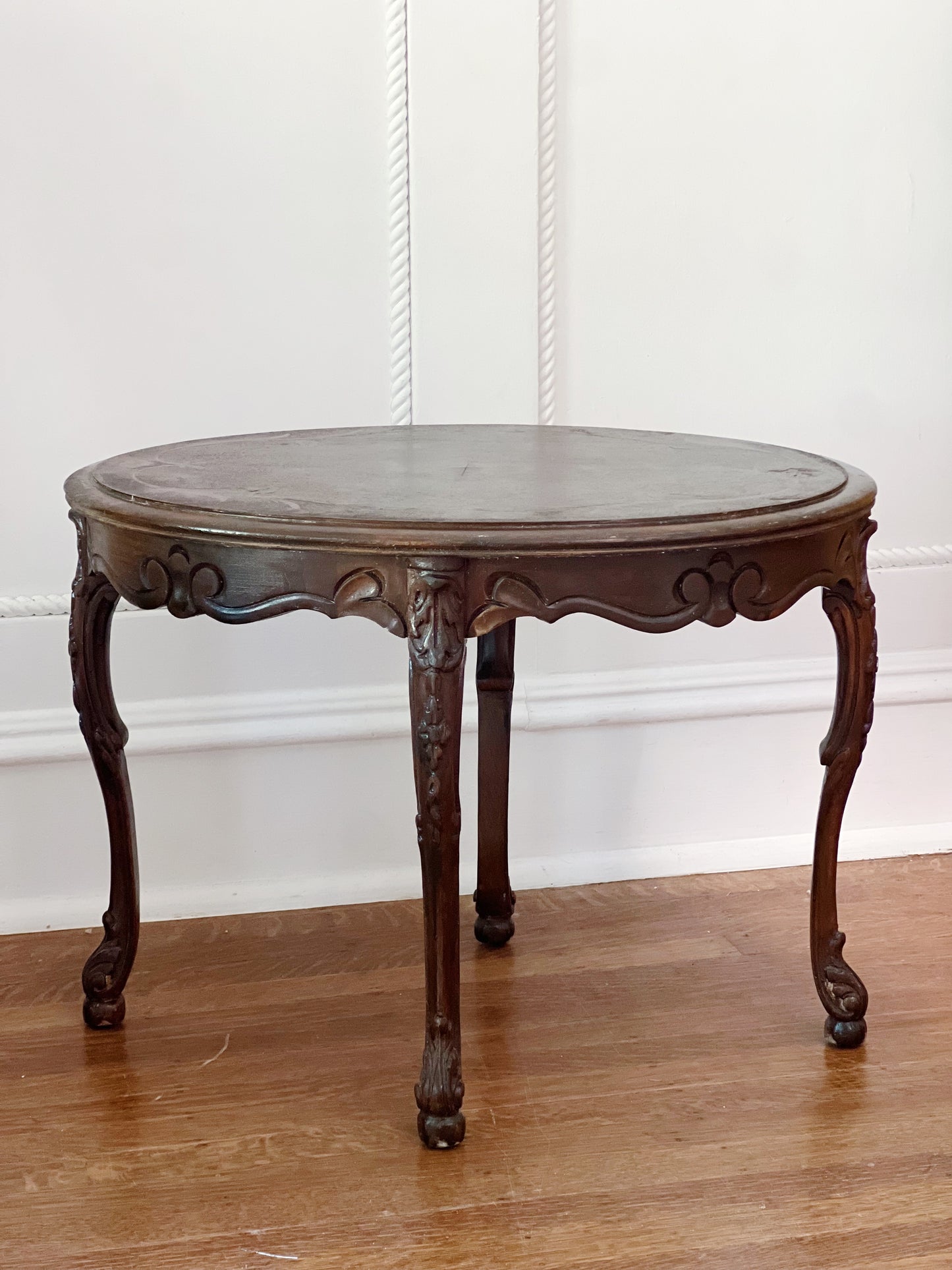 antique wooden side table with wood inlay 