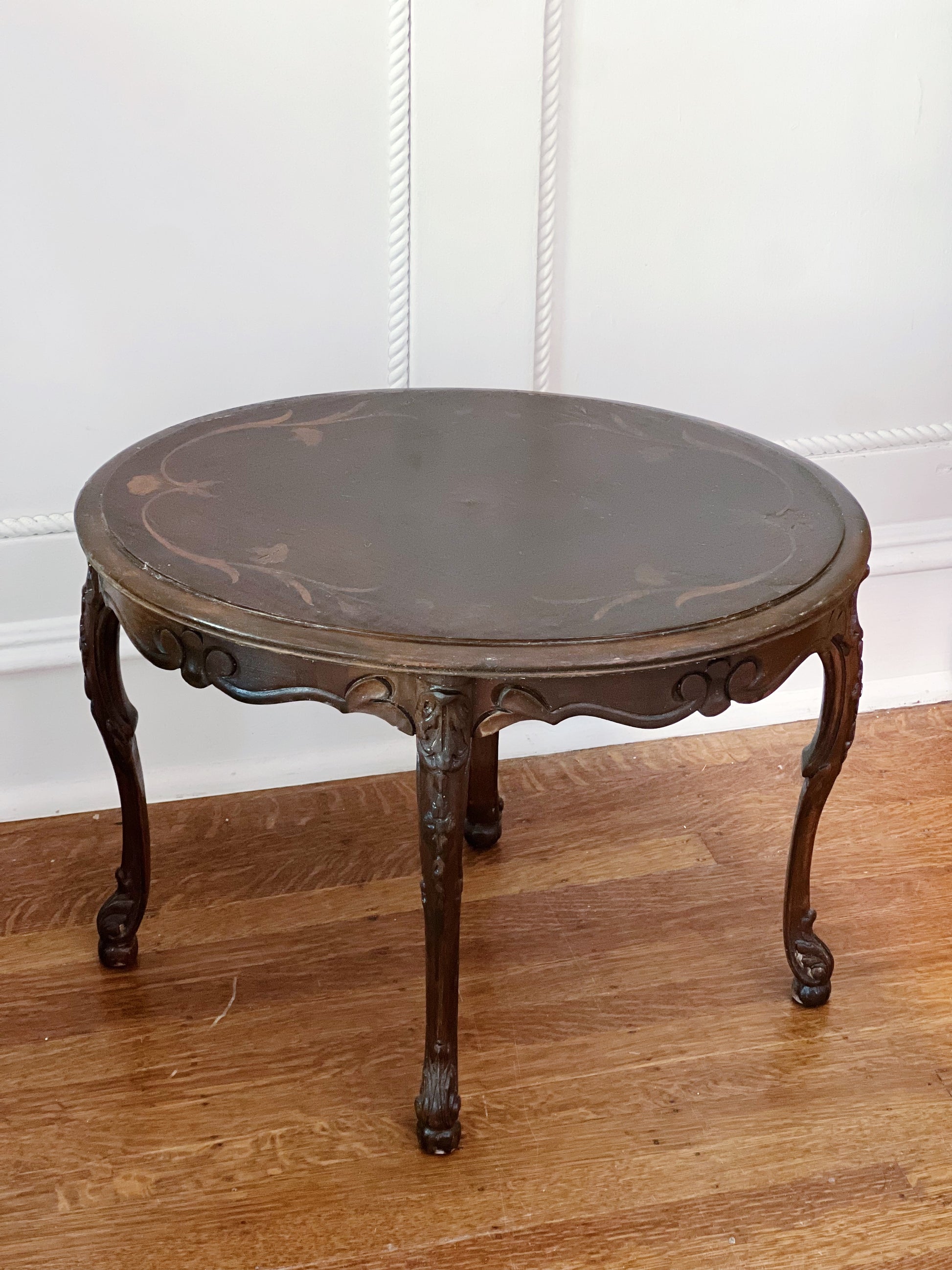 antique wooden side table with wood inlay 