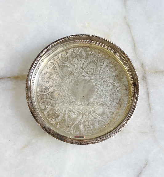 vintage silver serving tray with etching