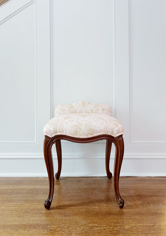 vintage Ritz Carlton New Orleans furniture, vanity stool in Schumacher cap ferrat blush fabric