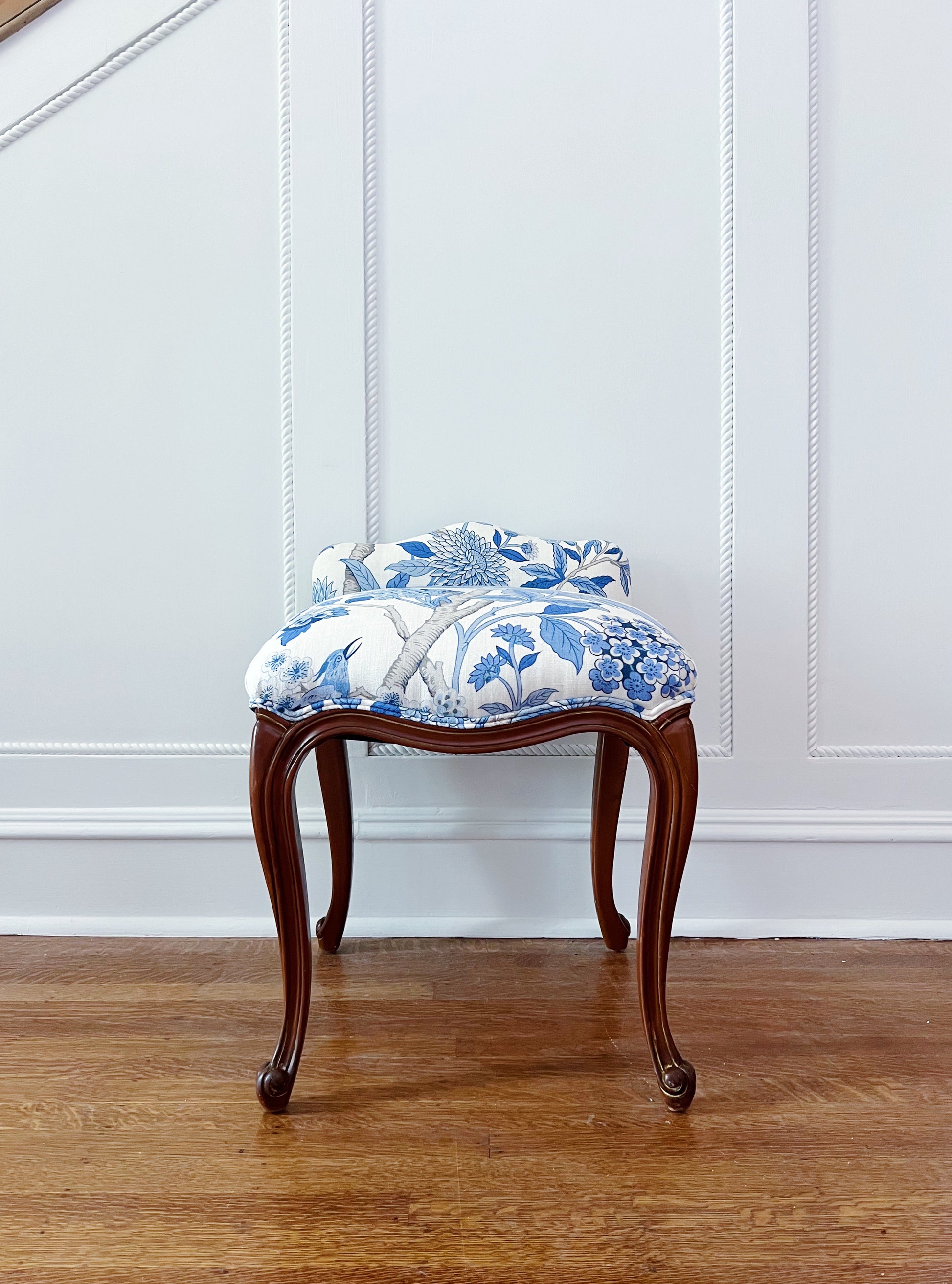 Ritz Carlton New Orleans vintage furniture vanity stool covered in GP & J Baker in Hydrangea Blue 