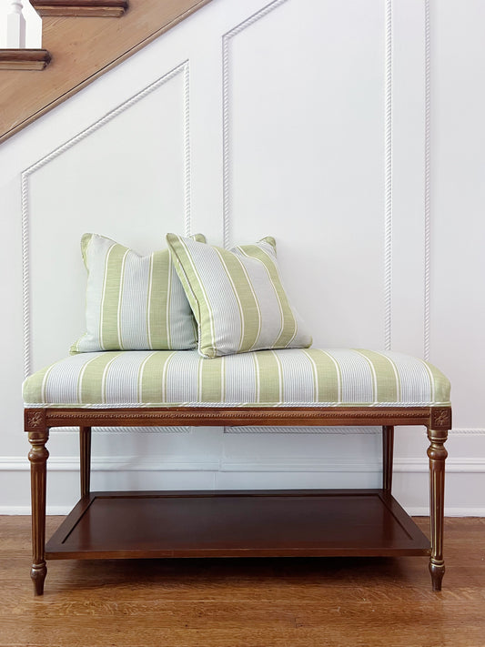vintage furniture from Ritz Carlton, bench recovered in Kravet Barbour Stripe in pear with matching custom pillows